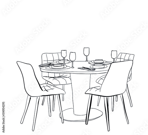 Hand Drawn dinner wares. Food and drink sketch. Table and bentwood chair. Vector vintage illustration of isolated objects. Interior sketch