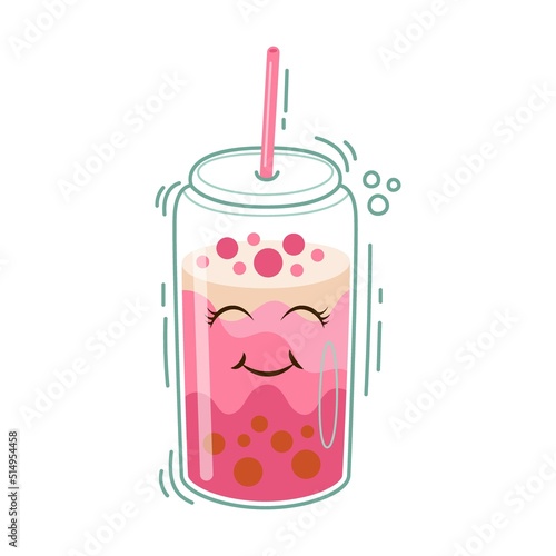 Cute bubble tea cartoon character vector illustration. Comic plastic cup with smiling face, Taiwanese milk drinks with boba balls or tapioca on white