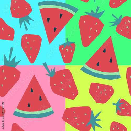 Summer fruits and berries. Watermelon, strawberry. Seamless pattern. Vector image.