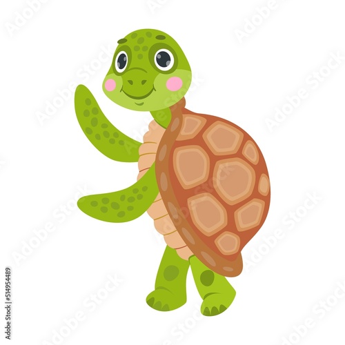 Tortoise cartoon character dancing, swimming, hiding in shell, hatching. Vector illustrations for nature. Green baby turtle