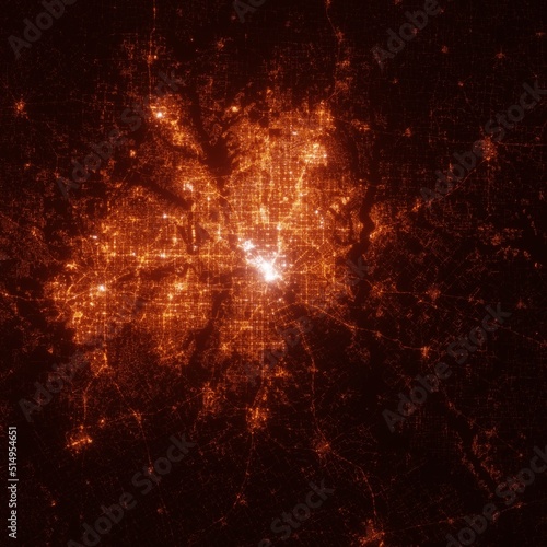 Dallas city lights map, top view from space. Aerial view on night street lights. Global networking, cyberspace