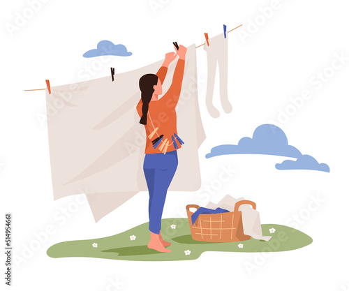 Household chores. The girl is doing household chores. A woman hangs her laundry on a clothesline to dry. Housewife woman. Vector image.