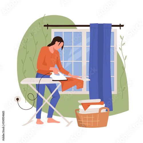 Household chores. The girl is doing household chores. Ironing clothes on an ironing board. Housewife woman. Vector image.