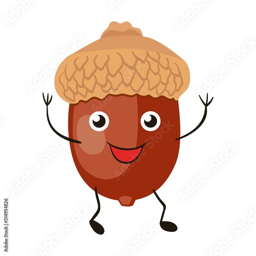 Cartoon acorn nut. Cute characters, funny friendly walnut, pistachio, almond, hazelnut, macadamia, sunflower seed. Flat vector illustration food