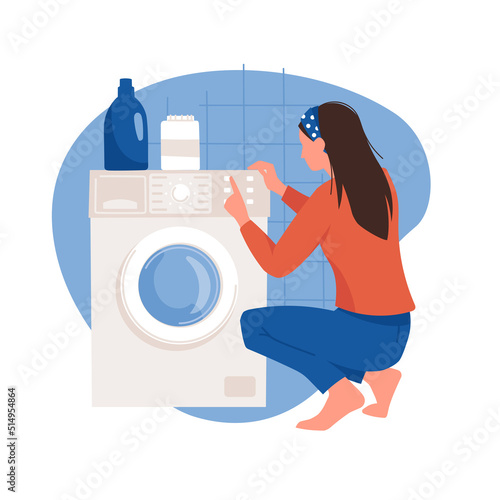 Household chores. The girl is doing household chores. Washing clothes in a washing machine. Housewife woman. Vector image.