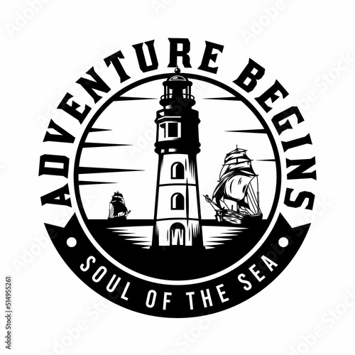 Lighthouse and old ship sea adventure retro badge design