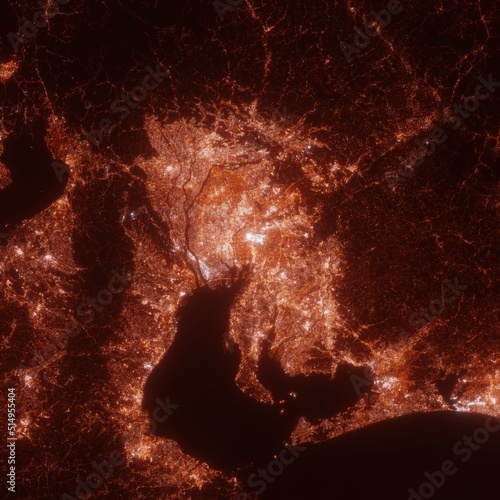 Nagoya city lights map, top view from space. Aerial view on night street lights. Global networking, cyberspace