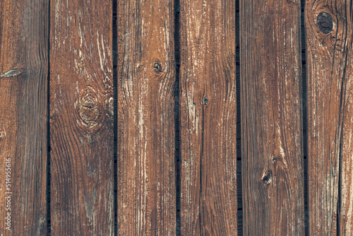 Cracked old boards. Wood planks background, texture. Rough structure. Vintage floor. Dark brown wooden table, backdrop, timber pattern. Empty space. Retro style. Fence natural surface.