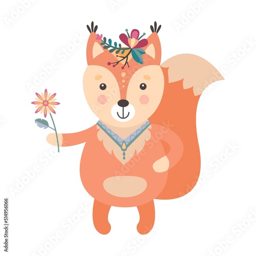 Cartoon boho fast squirrel. Wildlife forest characters, deer, fox, owl, raccoon, decorated with red Indians tribal accessories, feathers and plants