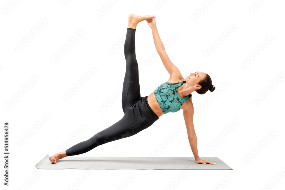 Attractive mixed race woman in sportswear practicing advanced level yoga, side plank pose, Vasisthasana, isolated on white.