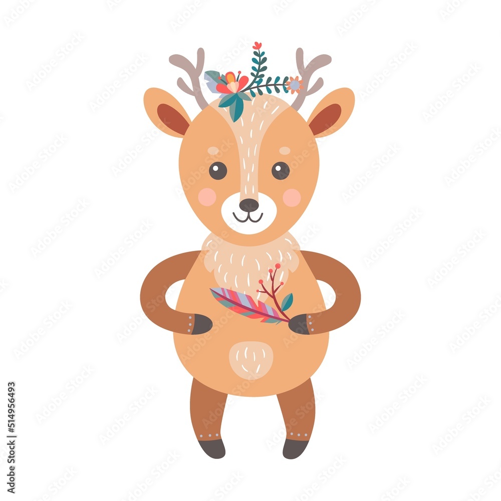 Fototapeta premium Cartoon boho funny deer. Wildlife forest characters, deer, fox, owl, raccoon, decorated with red Indians tribal accessories, feathers and plants