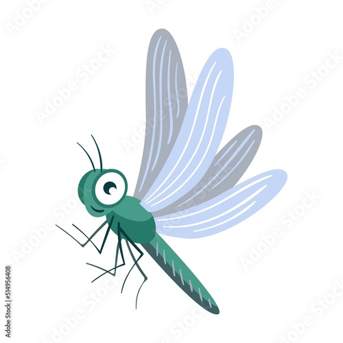 Funny smiling dragonfly flat icon. Cartoon cute caterpillar, fly, beetle, butterfly, snail, spider isolated vector illustration. Nature and insect © Bro Vector