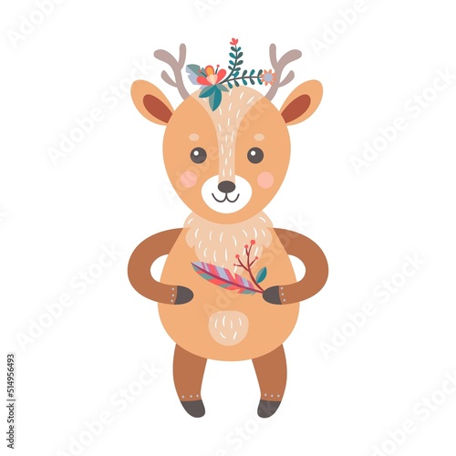 Cartoon boho funny deer. Wildlife forest characters  deer  fox  owl  raccoon  decorated with red Indians tribal accessories  feathers and plants