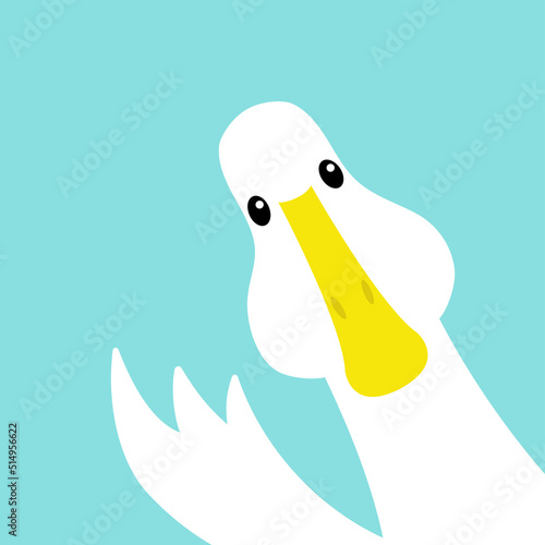 Goose Duck face head. Waving wing hand from the corner. Cute cartoon kawaii funny baby character. Flat design. Greeting card banner template. Isolated. Blue background.