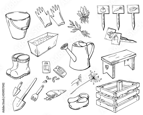Black and white sketch set with garden tool, watering can, boots, shovels. Monochrome collection contour line art elements object isolated on white background. Gardening tools. Vector illustration.