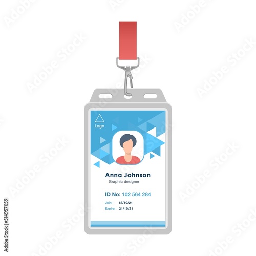 Woman ID pass cards for event staff flat icon. Corporate identification badges with photos and names of employees. Identity concept for layout design