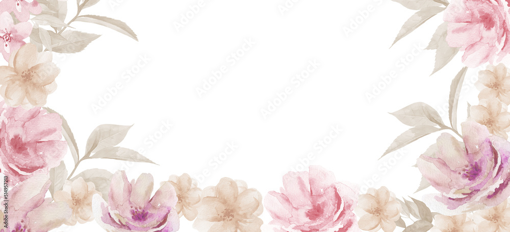Aesthetic Pink Flower Background. Floral Watercolor Frame on white.