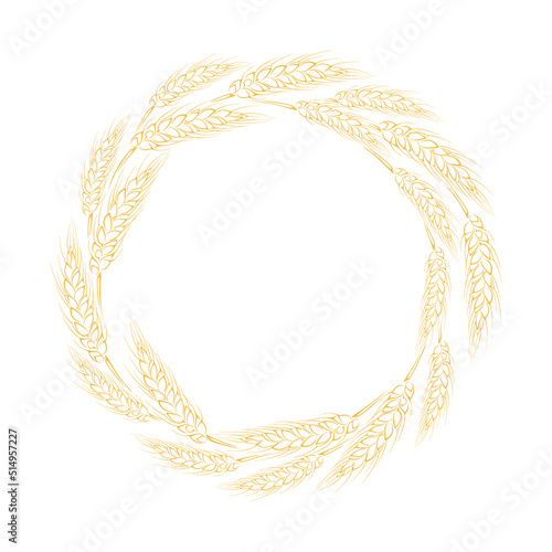 Wheat wreath isolated on white. Circle from cereal ears outline. Botanical design element. 