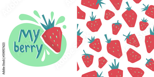 Summer fruits and berries. Strawberry. Seamless pattern from strawberries. Strawberry print and lettering. Vector image.
