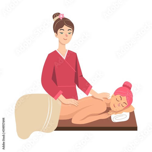 Woman doing massage. Colorful spa cartoon vector illustration. Female character enjoying skincare, aroma therapy, facial and body massage and tools