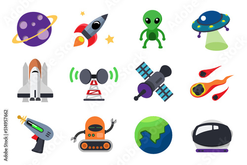 Fototapeta Naklejka Na Ścianę i Meble -  Collection of colorful flat icon vector, space concept vector illustration isolated on white background, planet, rocket, spaceship, alien, satellite, robot, globe, astronaut helmet etc.