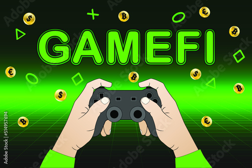 GameFi, Game Finance technology idea concept. Hand holding joystick and neon GameFi text in front of futuristic background.