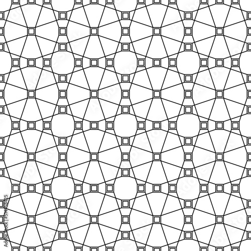 Repeated black figures and lines. Geometric wallpaper. Seamless surface pattern design with overlapping elongated octagons and squares. Lacy motif. Digital paper for textile print  web designing.