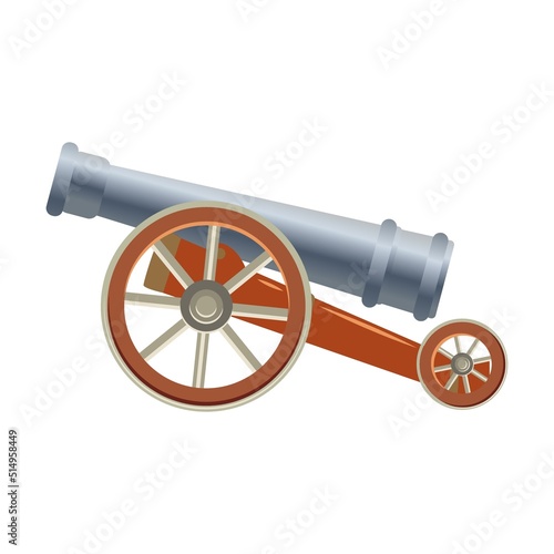 Medieval cannon on wheels in cartoon style. Vector illustration of old weapons. Illustration of war equipment for pirate ships of fortresses