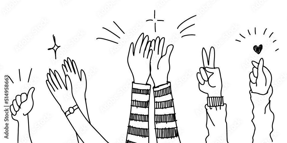 Hand Drawn sketch style of applause, thumbs up gesture. Human hands clapping ovation. on doodle style, vector illustration. Hand Drawn sketch style of applause, thumbs up gesture. Human hands clapping ovation. on doodle style, vector illustration.