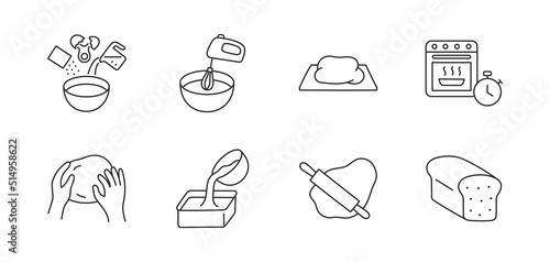 Dough doodle illustration including icons - bowl, oven, mix, ingredients, egg, rolling pin, bread, timer. Thin line art about baking. Editable Stroke