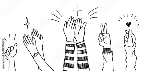 Hand Drawn sketch style of applause, thumbs up gesture. Human hands clapping ovation. on doodle style, vector illustration.