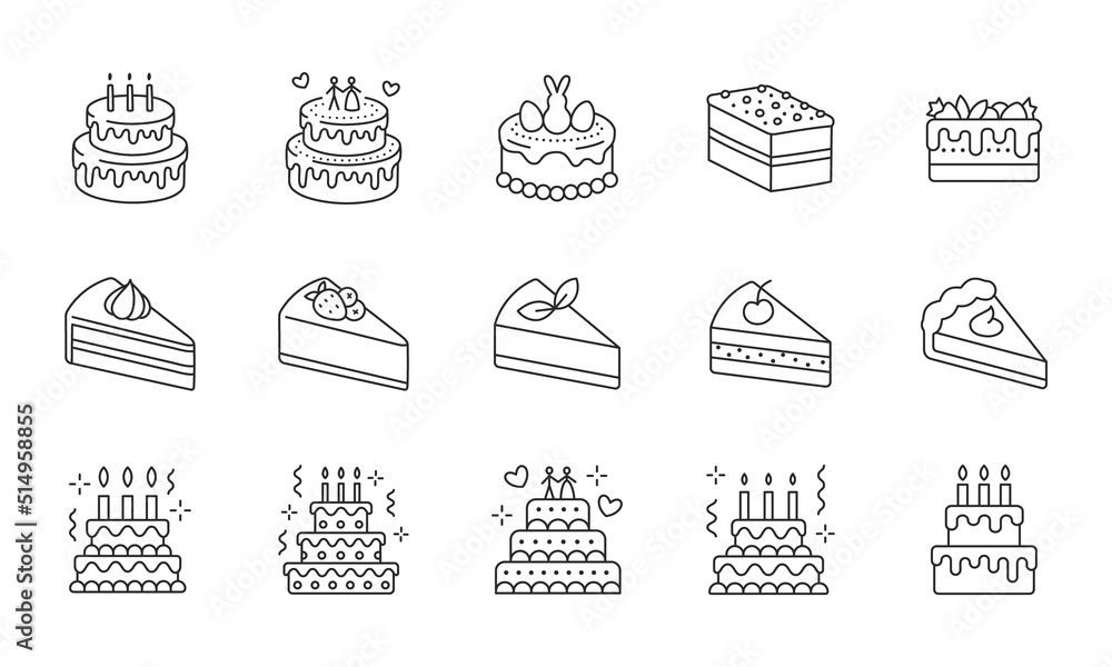 Cake doodle illustration including icons - pie, slice, bakery, sweets, easter, piece, fruits. Thin line art about dessert products. Editable Stroke
