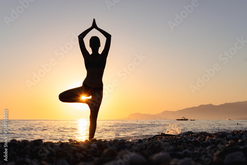 Yoga wellness retreat class on morning sunrise beach landscape. Silhouette of girl standing in tree pose meditation vertical background. 
