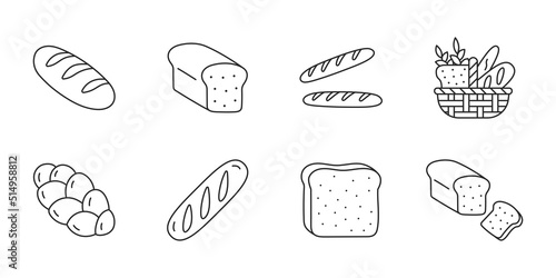 Bread doodle illustration including icons - baguette, basket, slice, challah. Thin line art about baking products. Editable Stroke