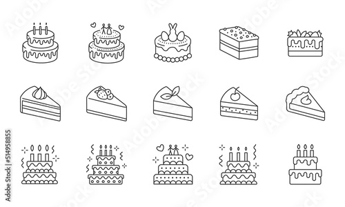 Cake doodle illustration including icons - pie, slice, bakery, sweets, easter, piece, fruits. Thin line art about dessert products. Editable Stroke