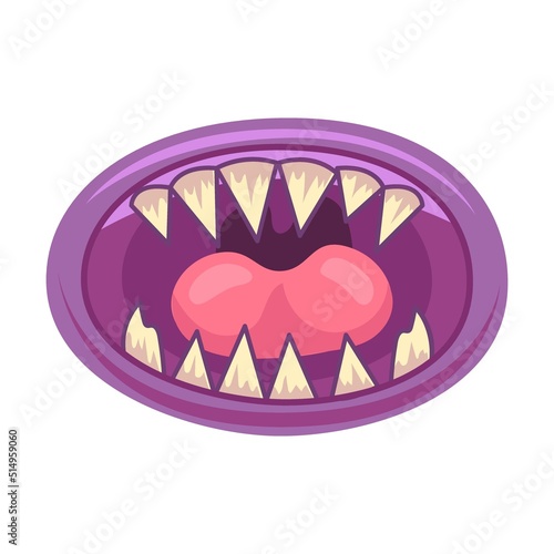 Monster mouth illustration in cartoon style. Cute creature mouth with tongue and teeth and dripping saliva. Halloween caricature monster