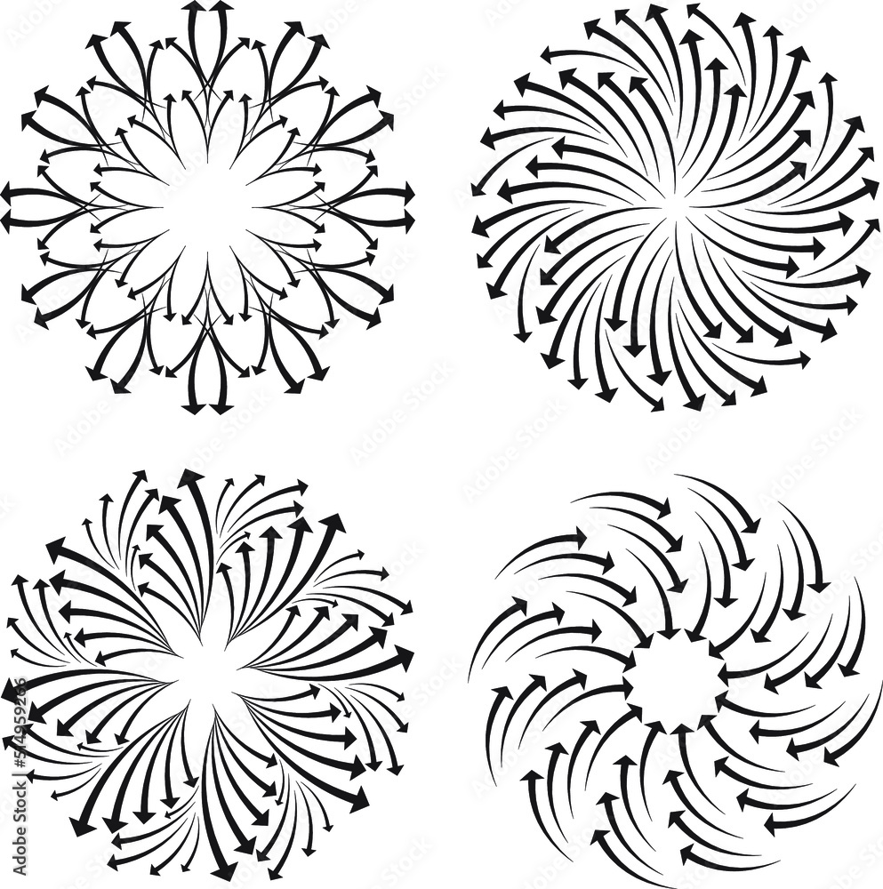 circular arrows inward and outward direction, in and  outpointed arrow in a flower shape geometrical round vector illustration