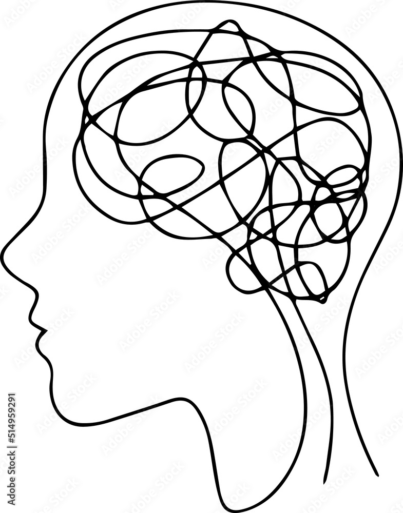 One line vector illustration. Porridge in the head, confused thoughts, brain. One line vector illustration. Porridge in the head, confused thoughts, brain.