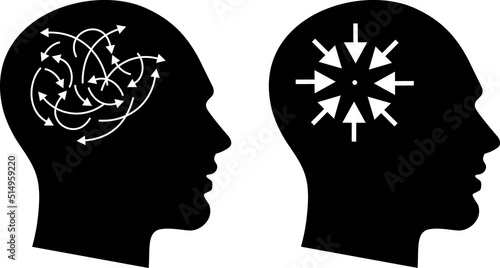 Aimless thinking, confused, thoughts and emotions. versus cool, calm, focused, vector illustration icons, silhouette human head black and white design