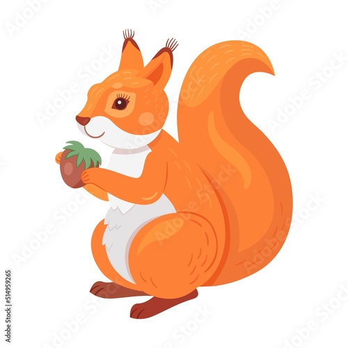 Red squirrel. Fluffy cartoon animal with furry tail holding nut, jumping, moving. Flat vector illustrations for wildlife, mammals, forest fauna