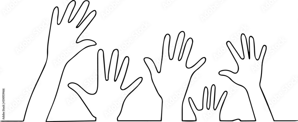 Fototapeta premium People with their hands up. Vector image with one line.