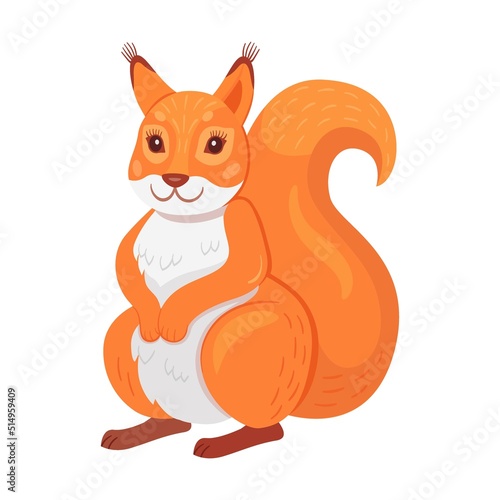 Fluffy cartoon squirrel animal with furry tail holding nut, jumping, moving. Cute red squirrel. Flat vector illustrations for wildlife, mammals, forest fauna