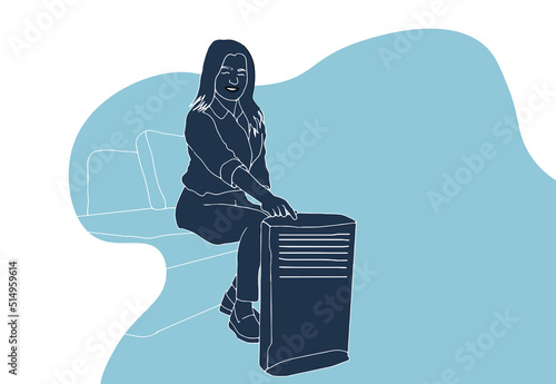 Woman sitting near air purifier and moisturizer appliance near sofa. Health microclimate at home concept. Vector illustration
