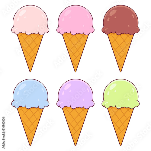 Colored ice cream cone set on white background