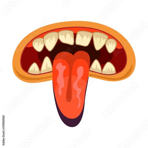 Monster orange mouth illustration in cartoon style. Cute creature mouth with tongue and teeth and dripping saliva. Halloween caricature monster