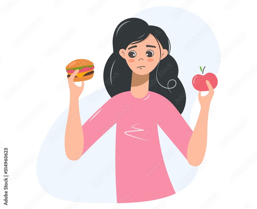 Woman choosing between healthy and unhealthy food concept flat vector