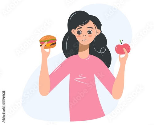 Woman choosing between healthy and unhealthy food concept flat vector illustration. Diet and healthy eating female cartoon character. Girl thinks what to eat an apple or a hamburger.
