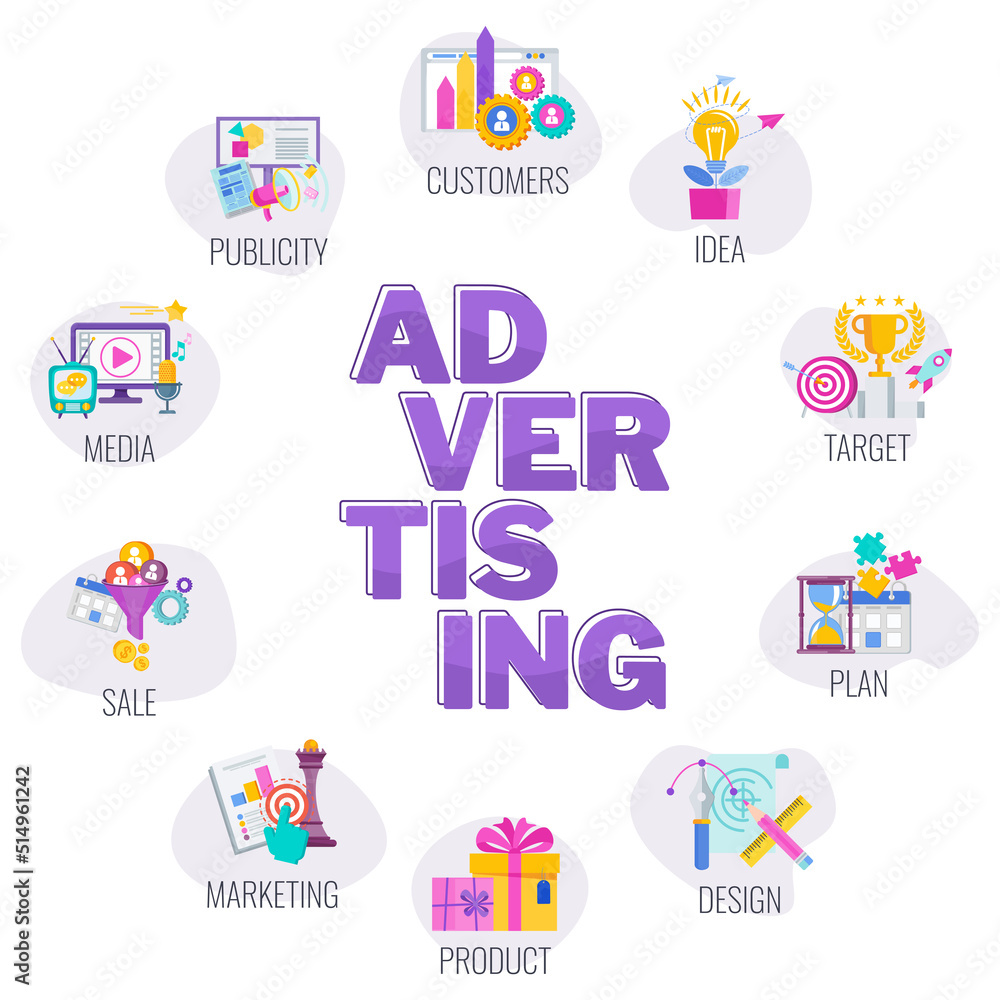 Advertising banner with set of icons. Creative digital marketing strategy. Advertising banner with set of icons. Creative digital marketing strategy.