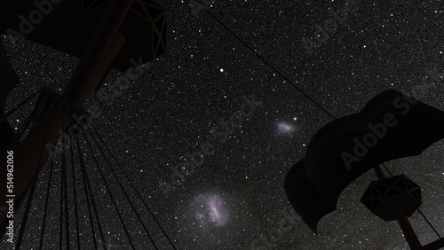 View of  large and small Magellanic Cloud with mainmast silhouette in foreground (3D Rendering)