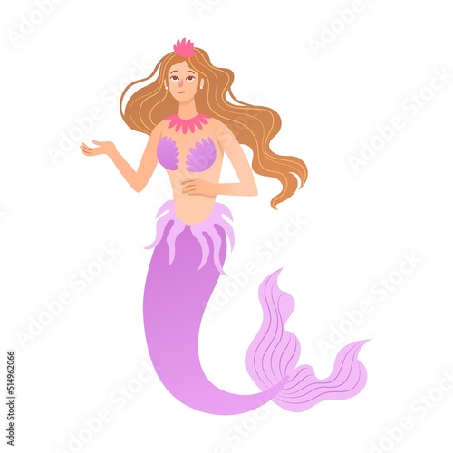 Mythical creature mermaid flat vector illustration. Fantasy characters, centaur, harpy, dragon, mermaid, Pegasus, griffin isolated on white